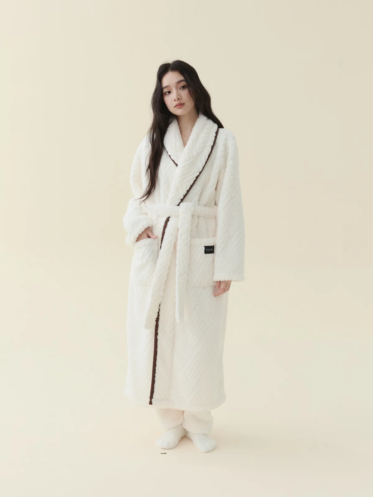 Ivory Jacquard Shawl Robe, tone-on-tone pattern, piped in warm brown