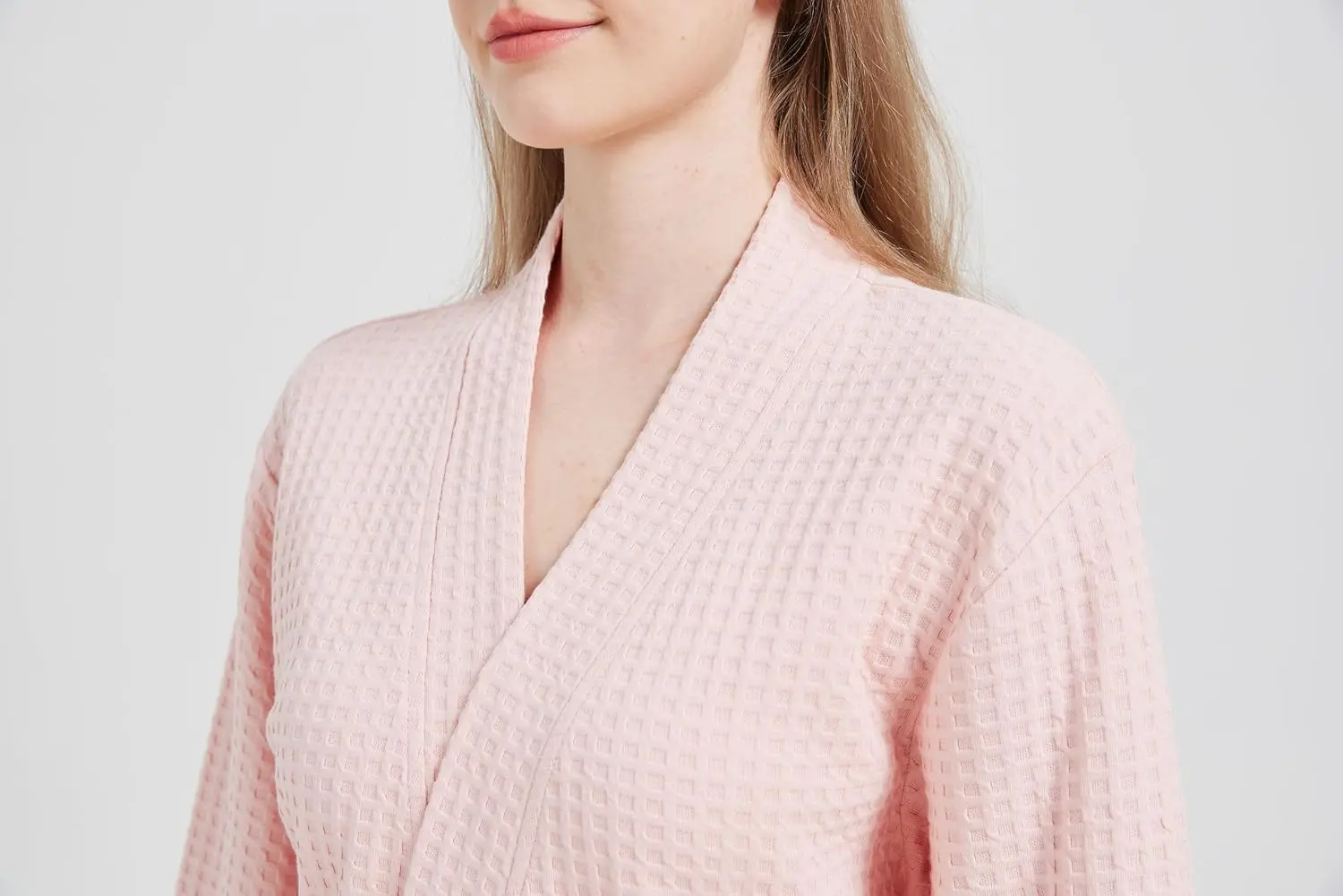 Honeycomb waffle texture and shawl collar of the Signature Cotton Waffle Robe, close up
